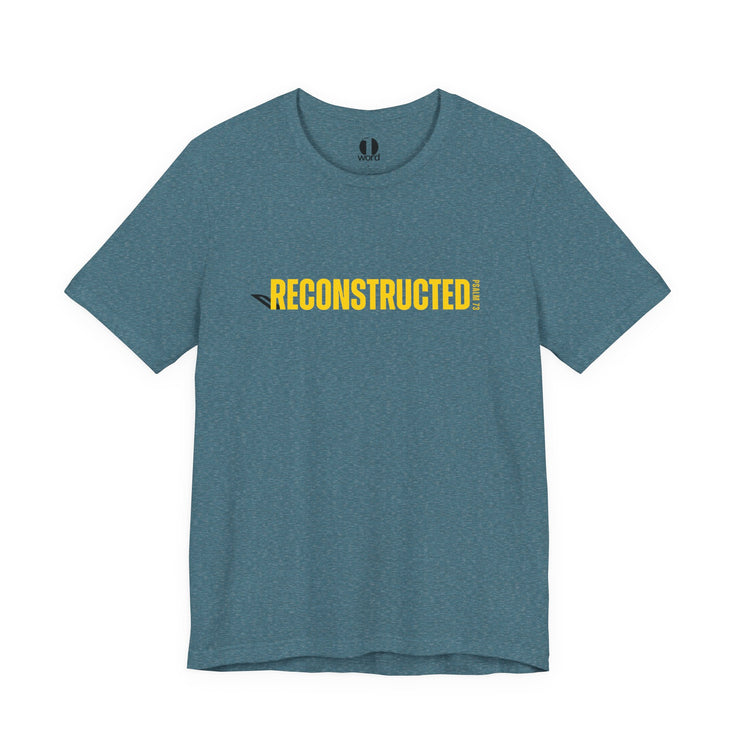 Deep teal heather T-shirt with yellow RECONSTRUCTED text and Psalm 73 reference