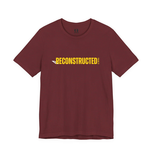 Maroon T-shirt with yellow RECONSTRUCTED text and Psalm 73 reference