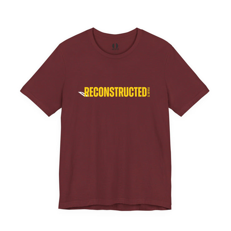 Maroon T-shirt with yellow RECONSTRUCTED text and Psalm 73 reference