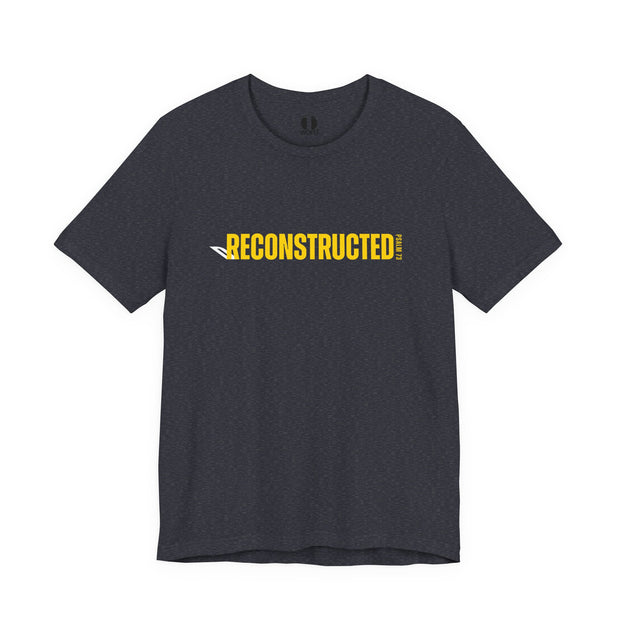 Heather Navy T-shirt with yellow RECONSTRUCTED text and Psalm 73 reference