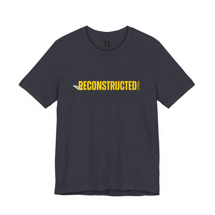 Heather Navy T-shirt with yellow RECONSTRUCTED text and Psalm 73 reference