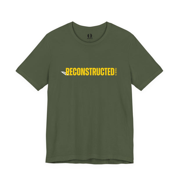 Miltary green T-shirt with yellow RECONSTRUCTED text and Psalm 73 reference
