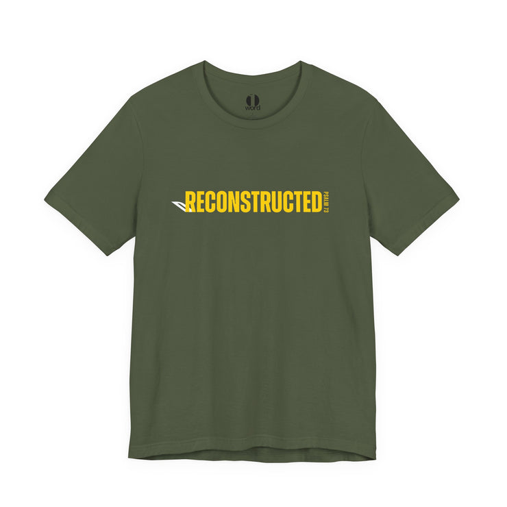Miltary green T-shirt with yellow RECONSTRUCTED text and Psalm 73 reference