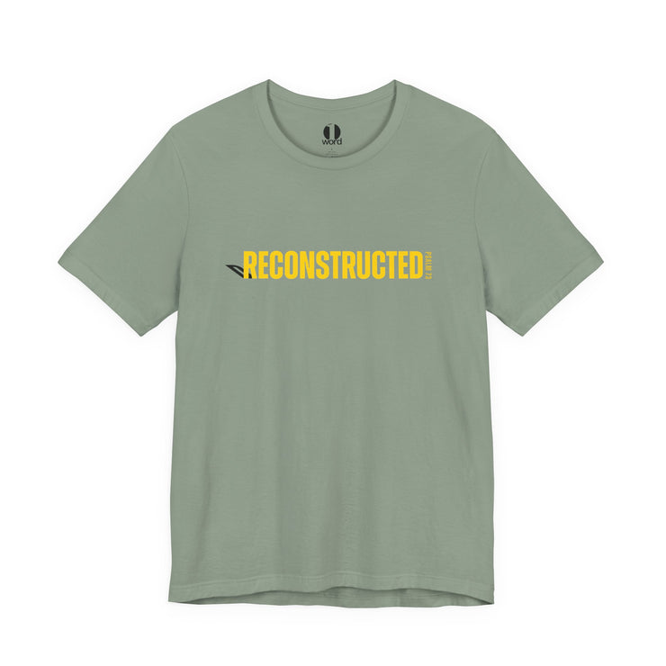 Sage green T-shirt with yellow RECONSTRUCTED text and Psalm 73 reference