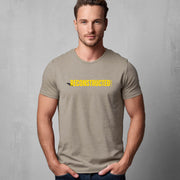 Man wearing heather stone T-shirt with yellow RECONSTRUCTED text and Psalm 73 reference
