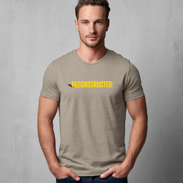 Man wearing heather stone T-shirt with yellow RECONSTRUCTED text and Psalm 73 reference