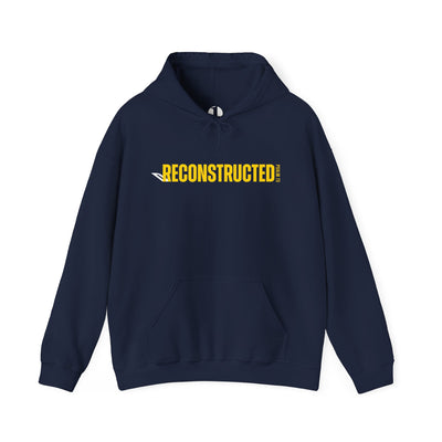 Navy hoodie with yellow RECONSTRUCTED text and Psalm 73 reference