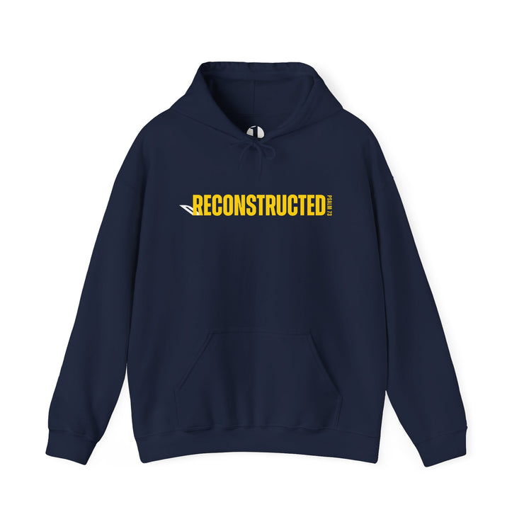 Navy hoodie with yellow RECONSTRUCTED text and Psalm 73 reference