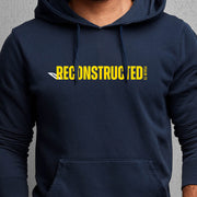 Detail of man wearing navy blue hoodie with yellow RECONSTRUCTED text and Psalm 73 reference