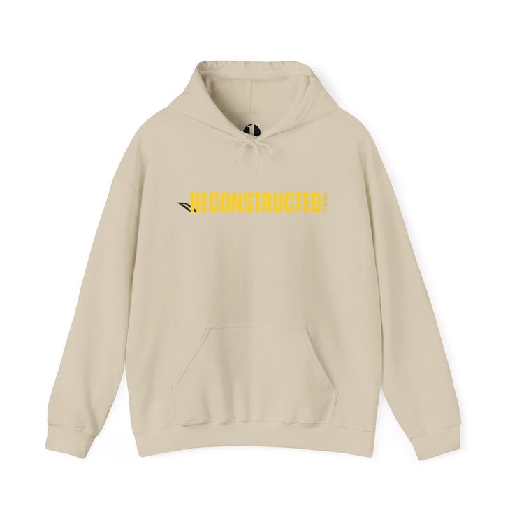Sand hoodie with yellow RECONSTRUCTED text and Psalm 73 reference