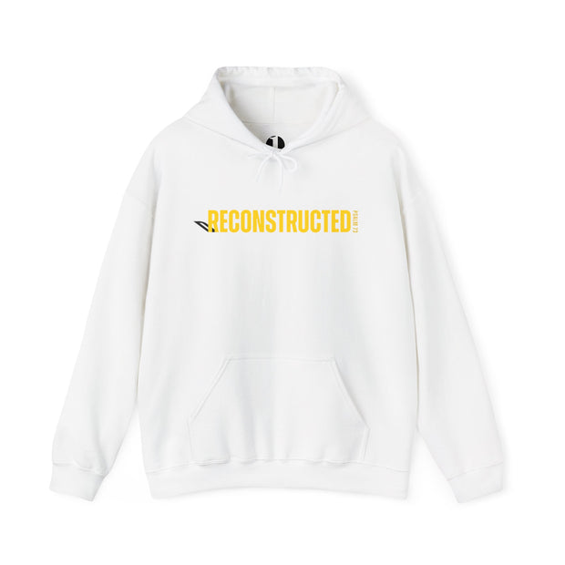 White hoodie with yellow RECONSTRUCTED text and Psalm 73 reference