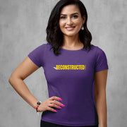 Woman wearing purple heather slim fit tee with yellow RECONSTRUCTED text and Psalm 73 reference
