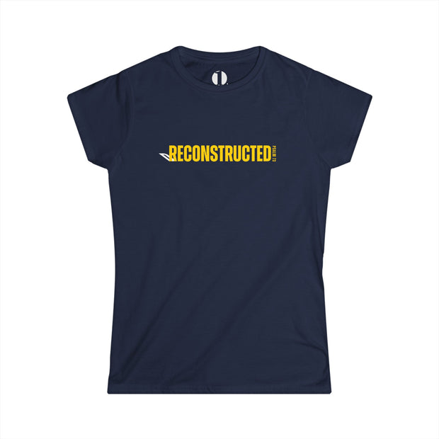 Navy blue slim fit T-shirt with yellow RECONSTRUCTED text and Psalm 73 reference