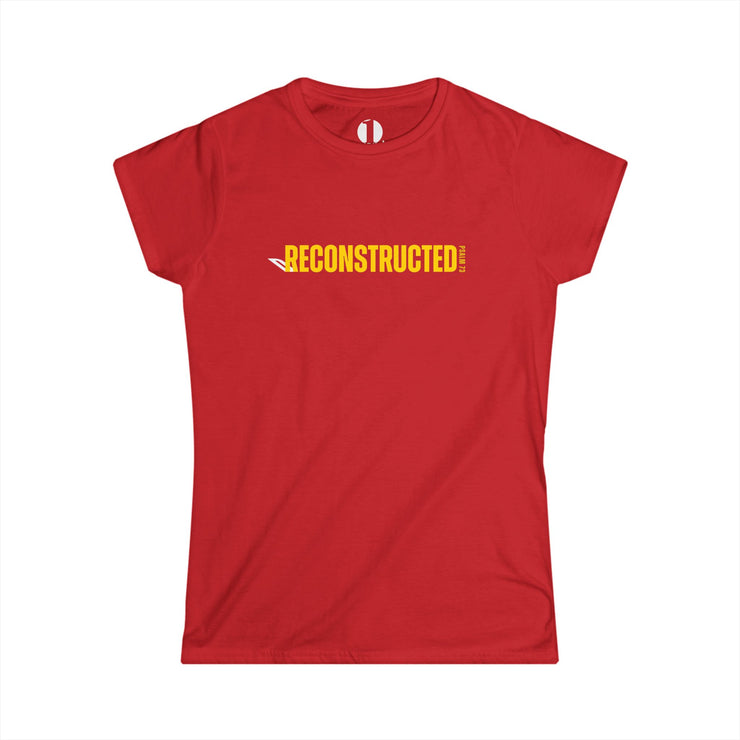 Red slim fit T-shirt with yellow RECONSTRUCTED text and Psalm 73 reference