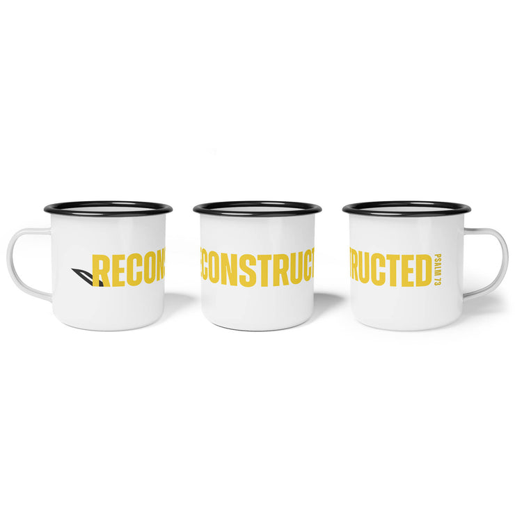 White campsite mug with yellow RECONSTRUCTED text and Psalm 73 reference