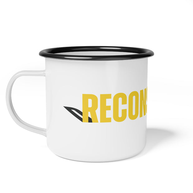 White campsite mug with yellow RECONSTRUCTED text and Psalm 73 reference