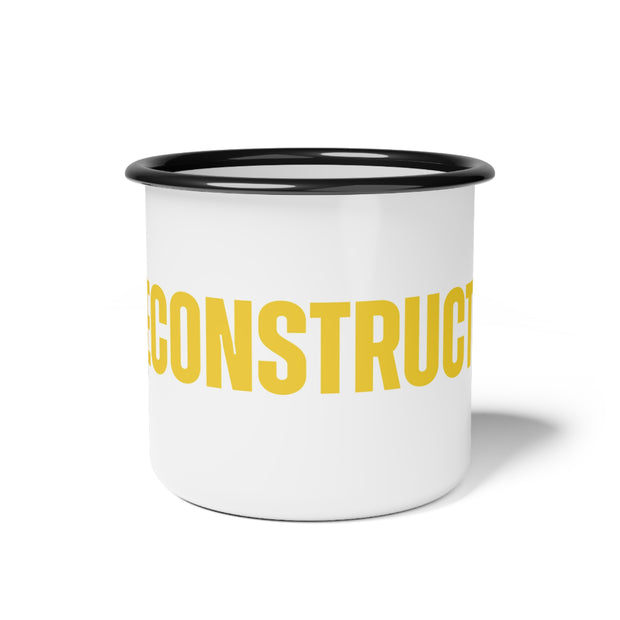 White campsite mug with yellow RECONSTRUCTED text and Psalm 73 reference