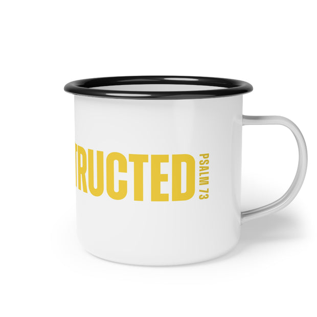 White campsite mug with yellow RECONSTRUCTED text and Psalm 73 reference