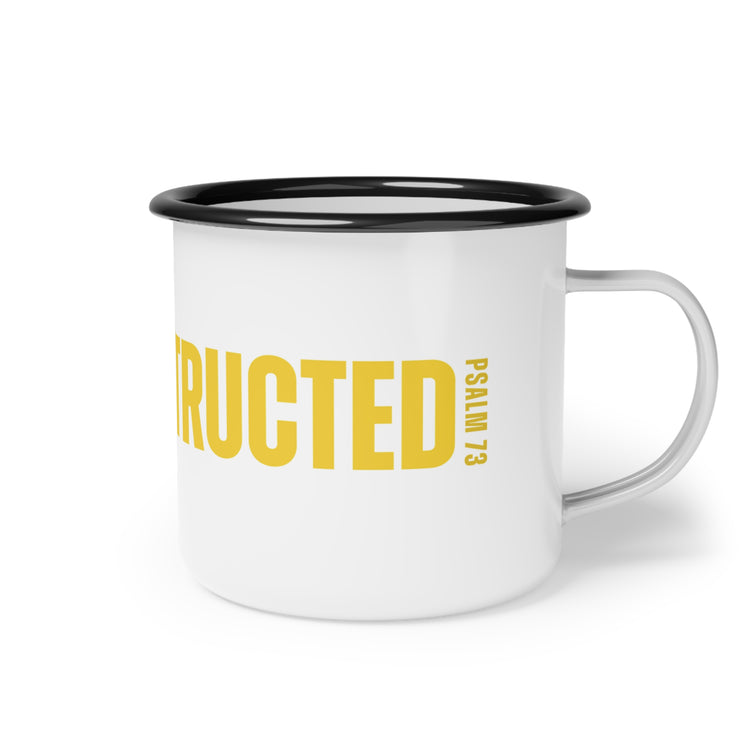 White campsite mug with yellow RECONSTRUCTED text and Psalm 73 reference