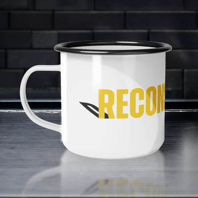 White campsite mug with yellow RECONSTRUCTED text and Psalm 73 reference