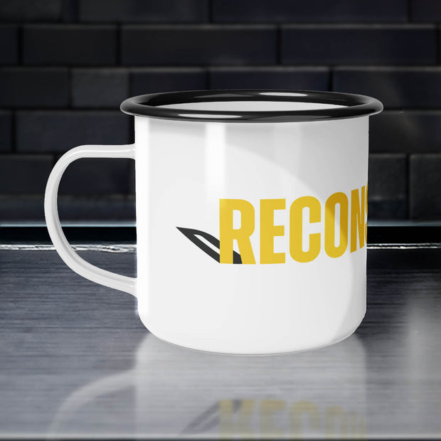 White campsite mug with yellow RECONSTRUCTED text and Psalm 73 reference