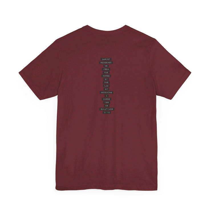 Heather cardinal unisex T-shirt with Redeemed graphic based on Galatians 3:13