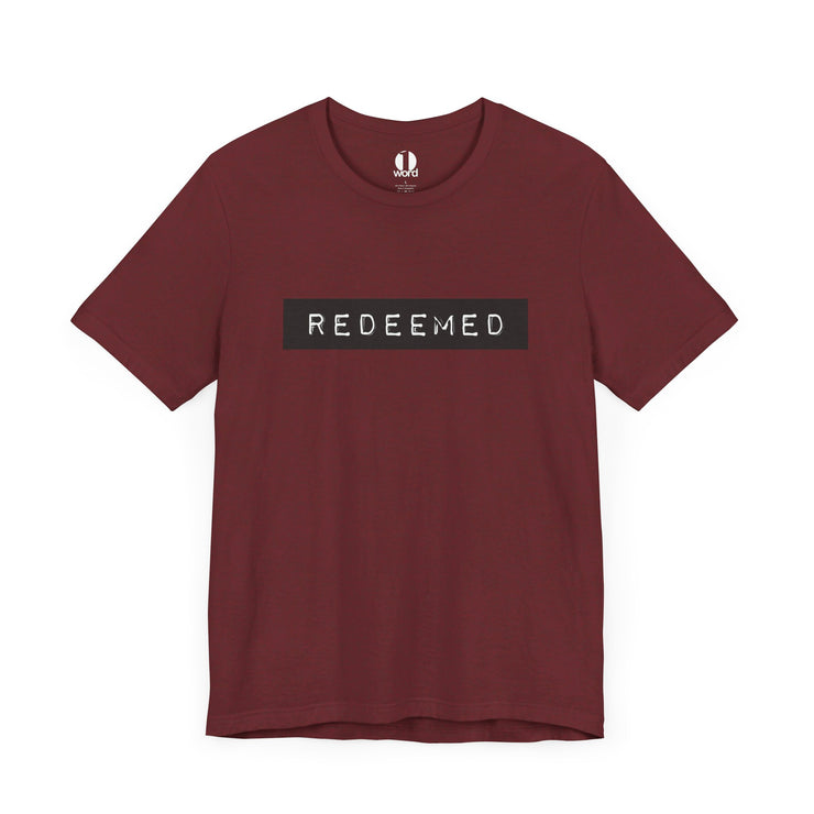 Heather cardinal unisex T-shirt with Redeemed graphic based on Galatians 3:13