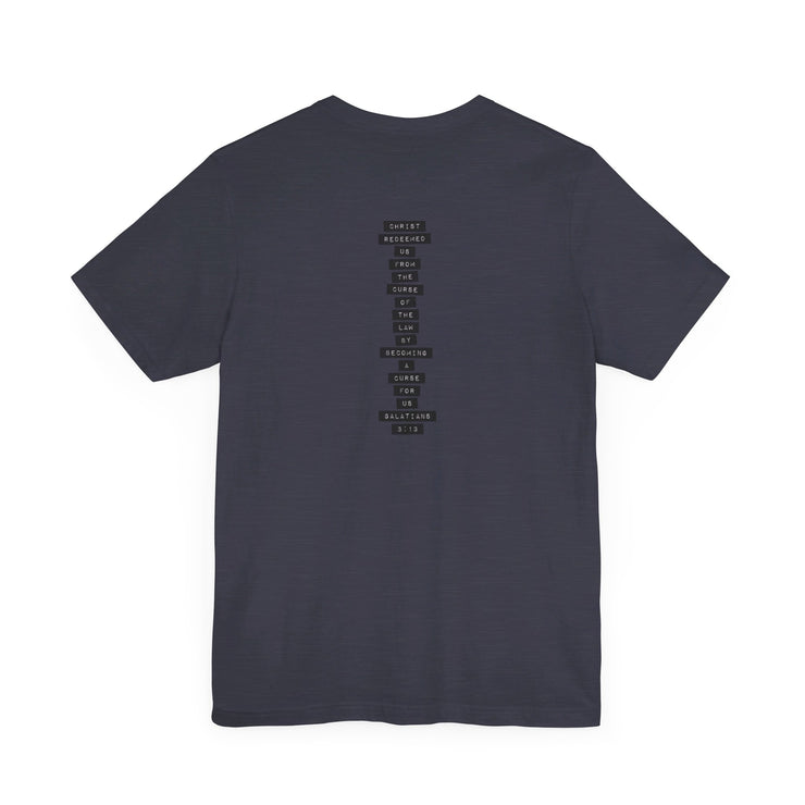 Heather midnight navy unisex T-shirt with Redeemed graphic based on Galatians 3:13