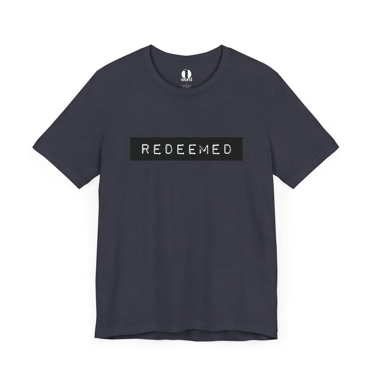 Heather midnight navy unisex T-shirt with Redeemed graphic based on Galatians 3:13