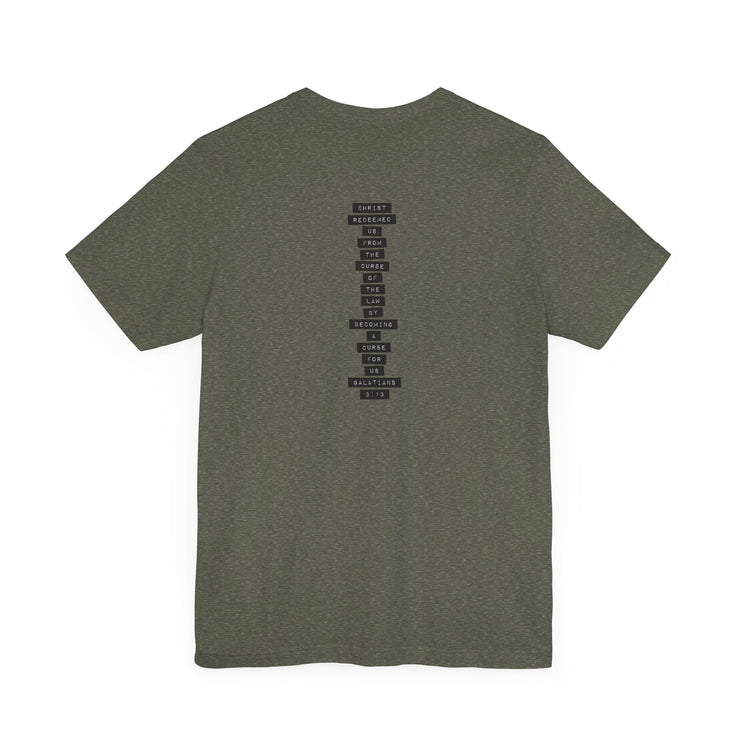Heather military green unisex T-shirt with Redeemed graphic based on Galatians 3:13