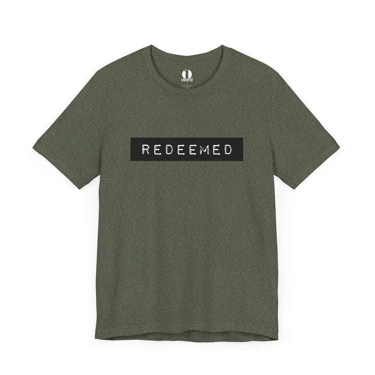 Heather military green unisex T-shirt with Redeemed graphic based on Galatians 3:13