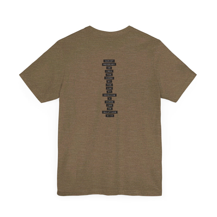 Heather olive unisex T-shirt with Redeemed graphic based on Galatians 3:13