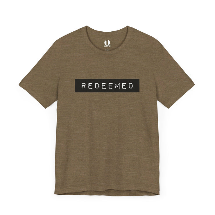Heather olive unisex T-shirt with Redeemed graphic based on Galatians 3:13