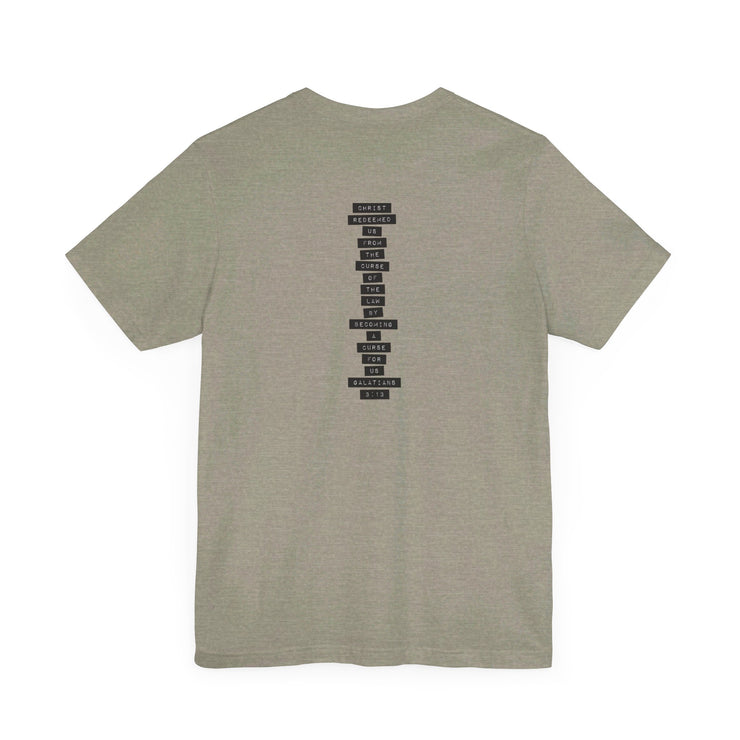 Heather stone unisex T-shirt with Redeemed graphic based on Galatians 3:13