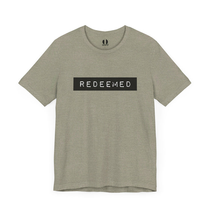 Heather stone unisex T-shirt with Redeemed graphic based on Galatians 3:13