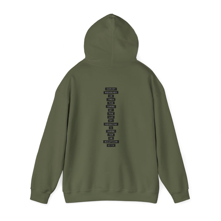 Military green pullover hoodie with Redeemed graphic based on Galatians 3:13