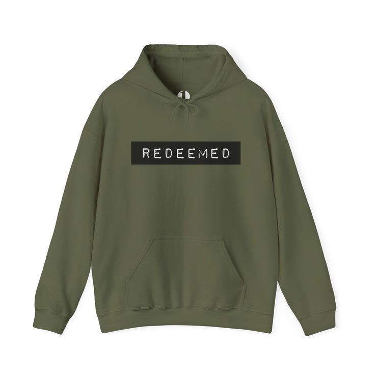 Military green pullover hoodie with Redeemed graphic based on Galatians 3:13