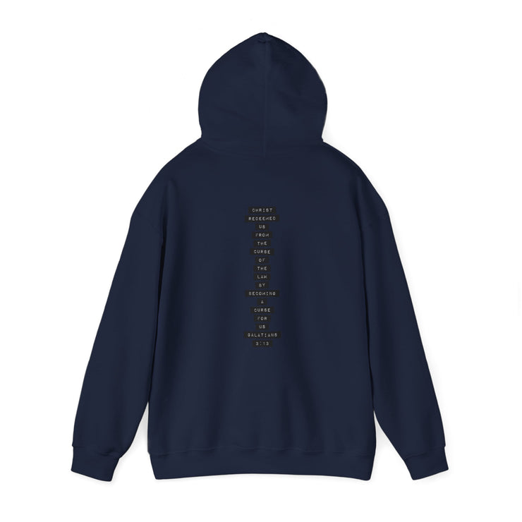 Navy pullover hoodie with Redeemed graphic based on Galatians 3:13