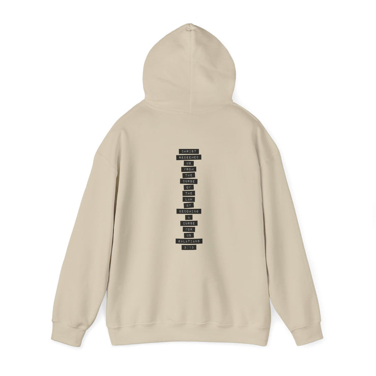 Sand pullover hoodie with Redeemed graphic based on Galatians 3:13