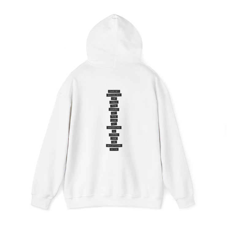 White pullover hoodie with Redeemed graphic based on Galatians 3:13