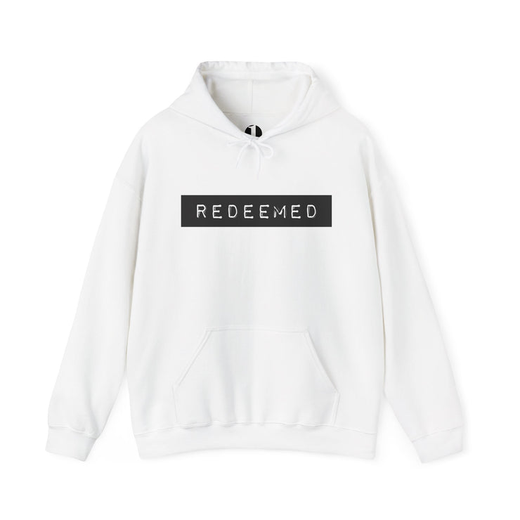 White pullover hoodie with Redeemed graphic based on Galatians 3:13
