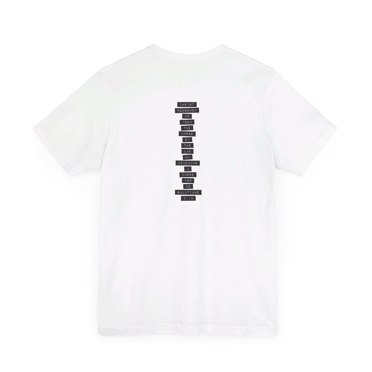 White unisex T-shirt with Redeemed graphic based on Galatians 3:13