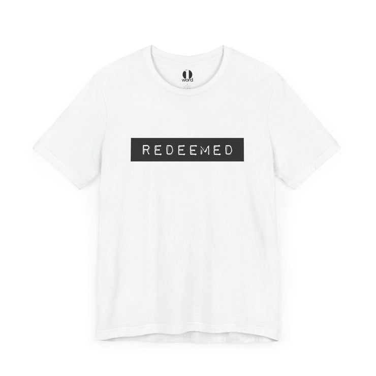White unisex T-shirt with Redeemed graphic based on Galatians 3:13