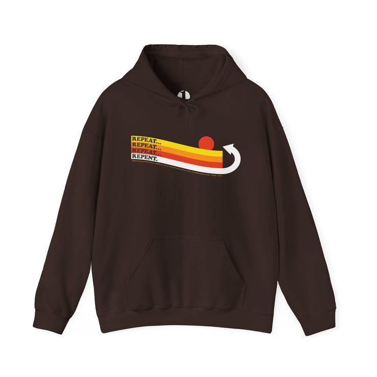 Dark chocolate color pullover hoodie with Repeat Repeat Repeat Graphic based on Ezekiel 18:30