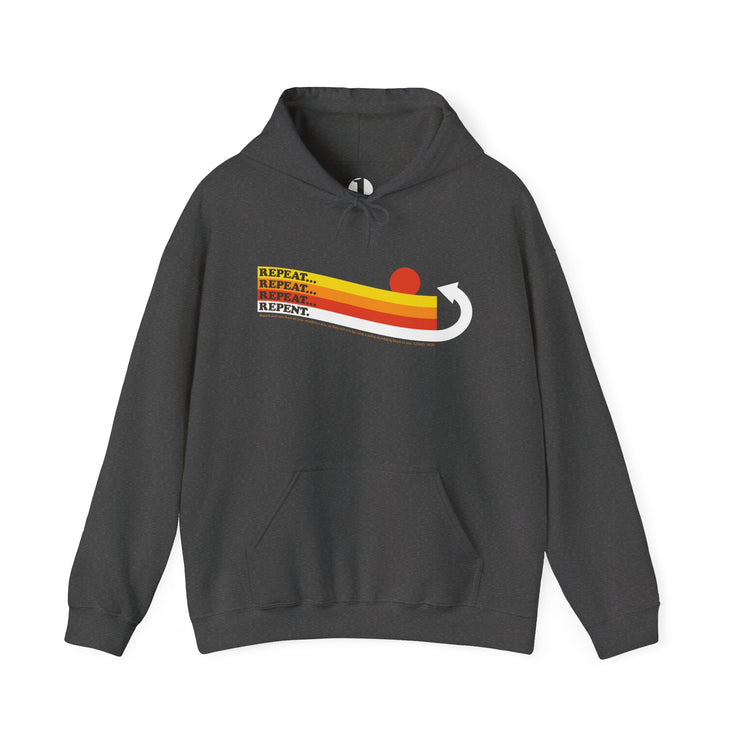 Dark heather gray color pullover hoodie with Repeat Repeat Repeat Graphic based on Ezekiel 18:30