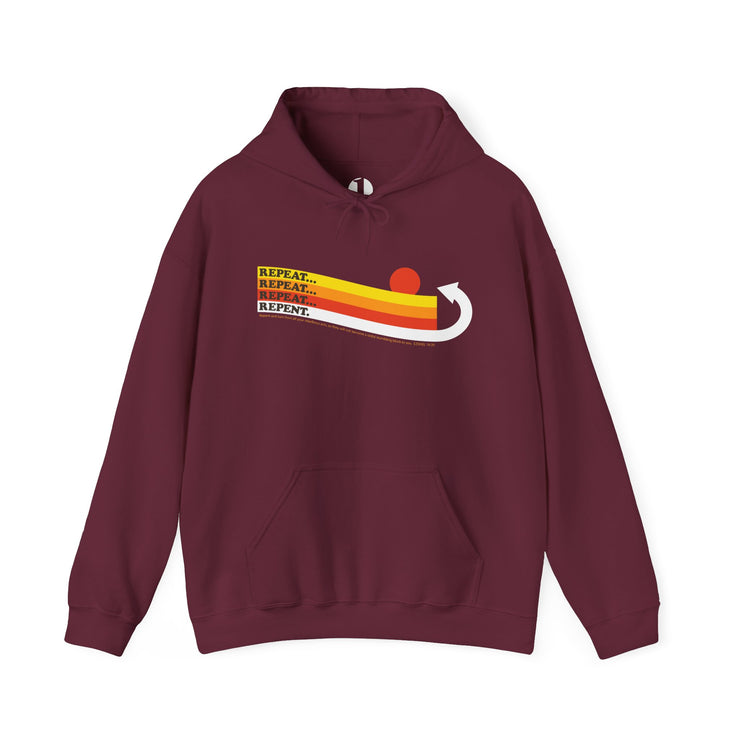 Maroon color pullover hoodie with Repeat Repeat Repeat Graphic based on Ezekiel 18:30