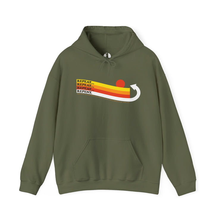 Olive green pullover hoodie with Repeat Repeat Repeat Repent Graphic based on Ezekiel 18:30