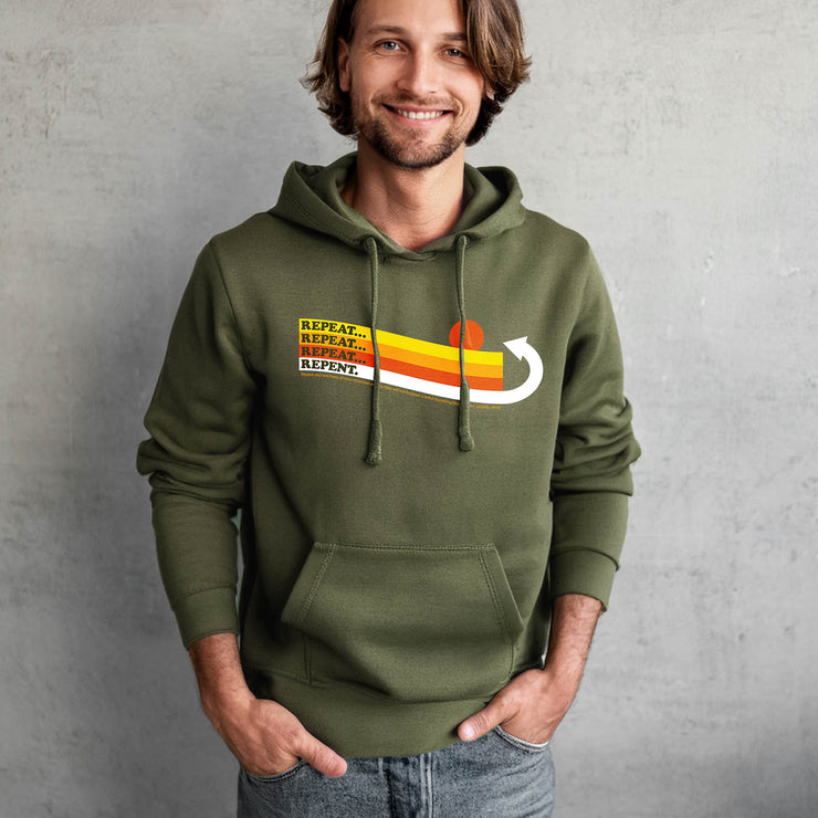 Olive green pullover hoodie with Repeat Repeat Repeat Repent Graphic based on Ezekiel 18:30