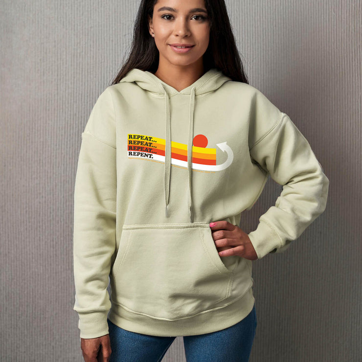 Sand color pullover hoodie with Repeat Repeat Repeat Graphic based on Ezekiel 18:30