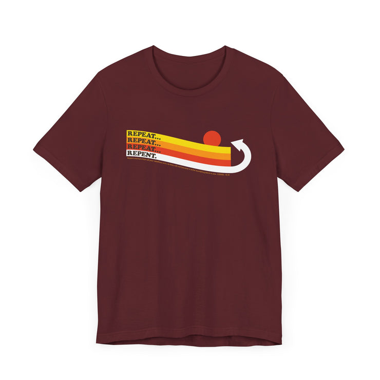 Heather brown T-shirt with Repeat Repeat Repeat Repent graphic based on Ezekiel 18:30